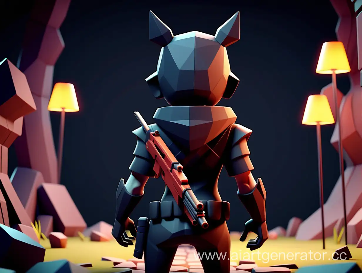 interactive game, 3D graphics, cartoon dark design, back view, shooting game, low poly
 