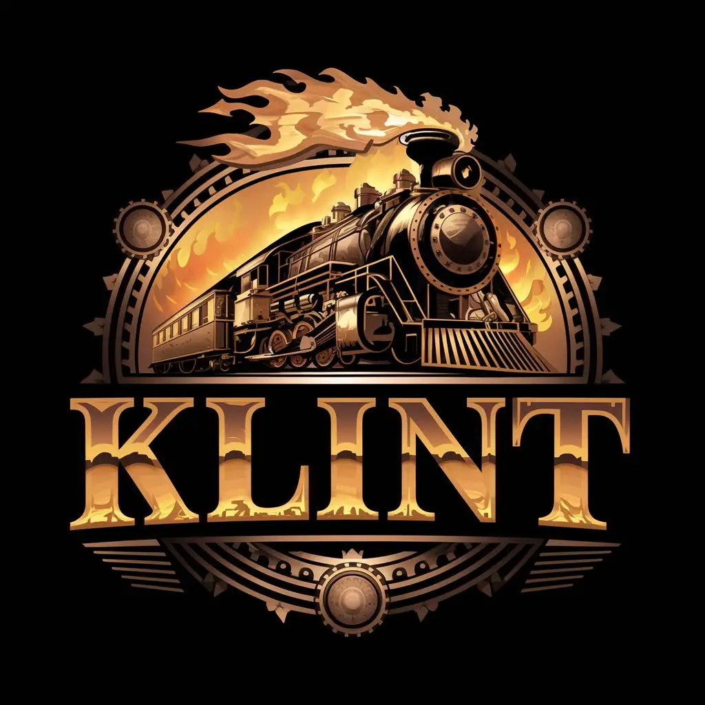 logo, Steampunk train running on fire, with the text "Klint", typography