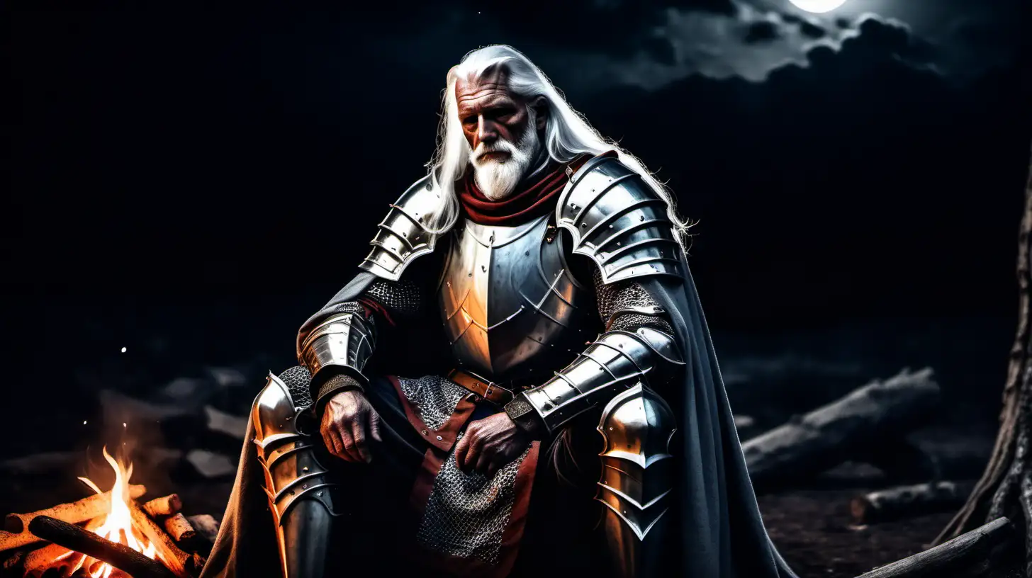 An old veteran knight without a helmet, long white hair, thick plate armor with a cape, resting after a long day next to a campfire. Dark night.