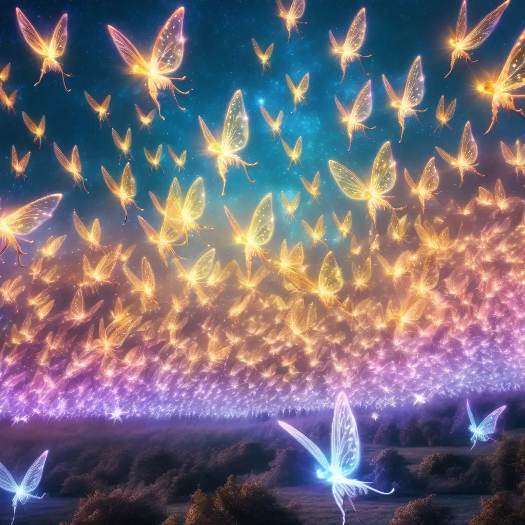 close-up large glowing army of flying fairys in the sky, magic style, colorful realism, hyper quality photo, ultra detailed photography