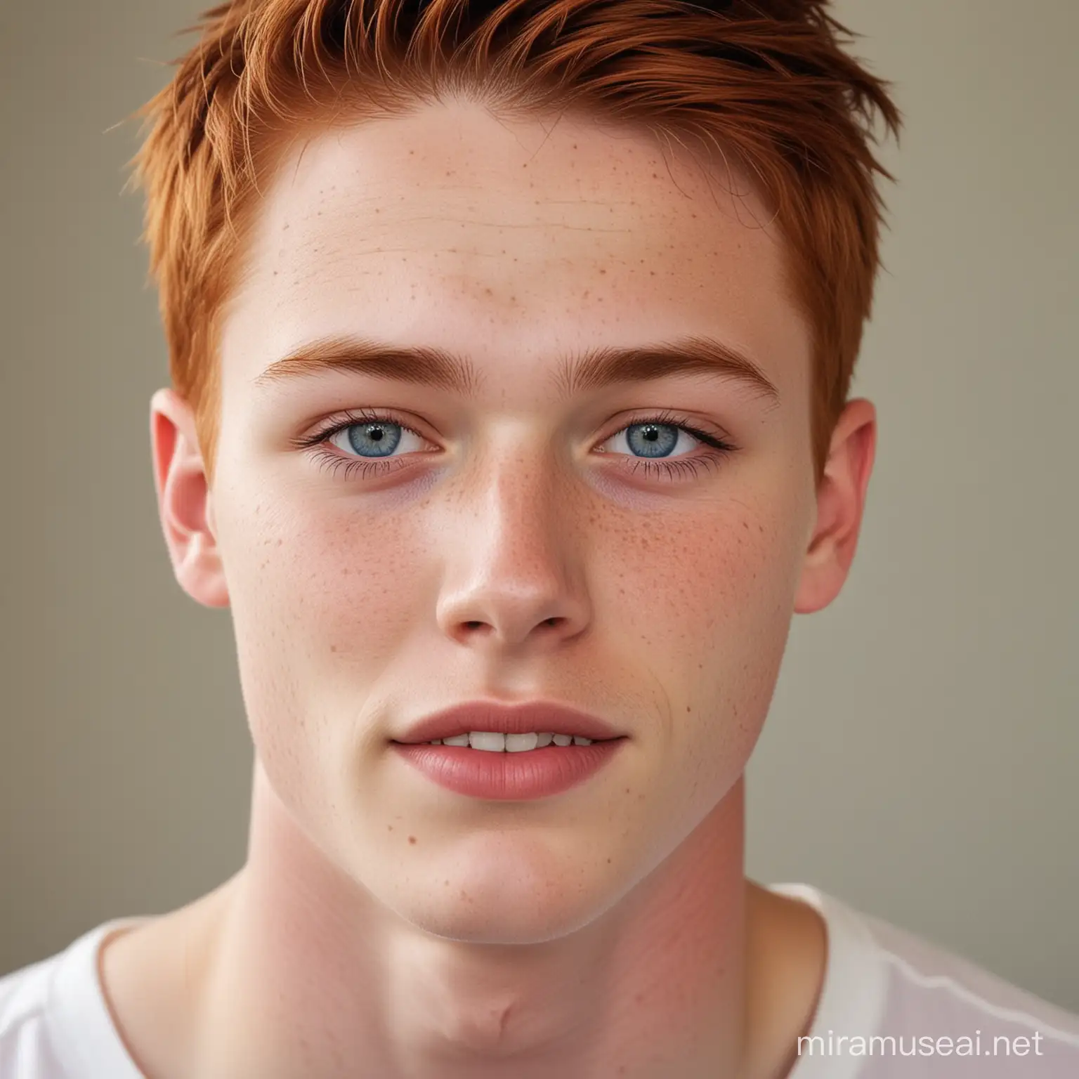 boy, 16 years old, with a lean, slightly muscular body and red hair with short sides and a long braid, skyblue eyes, perfect skin, freckles around perfect nose, perfect mouth with beautiful white teeth, lush red eyebrows