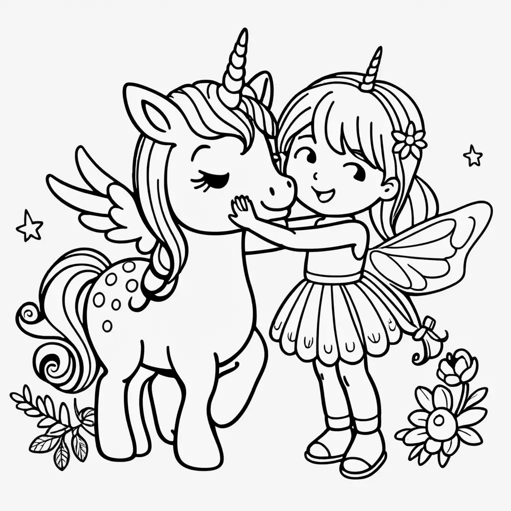 a simple drawing of a cute fairy patting a unicorn, cartoon, kids colouring page, black and white: 1.5, white png background, flat 2d  –no shading, gradient, colors: 1.5, saturation:1.2, colored, shadow: 1.1, 3d -- ar 9:11