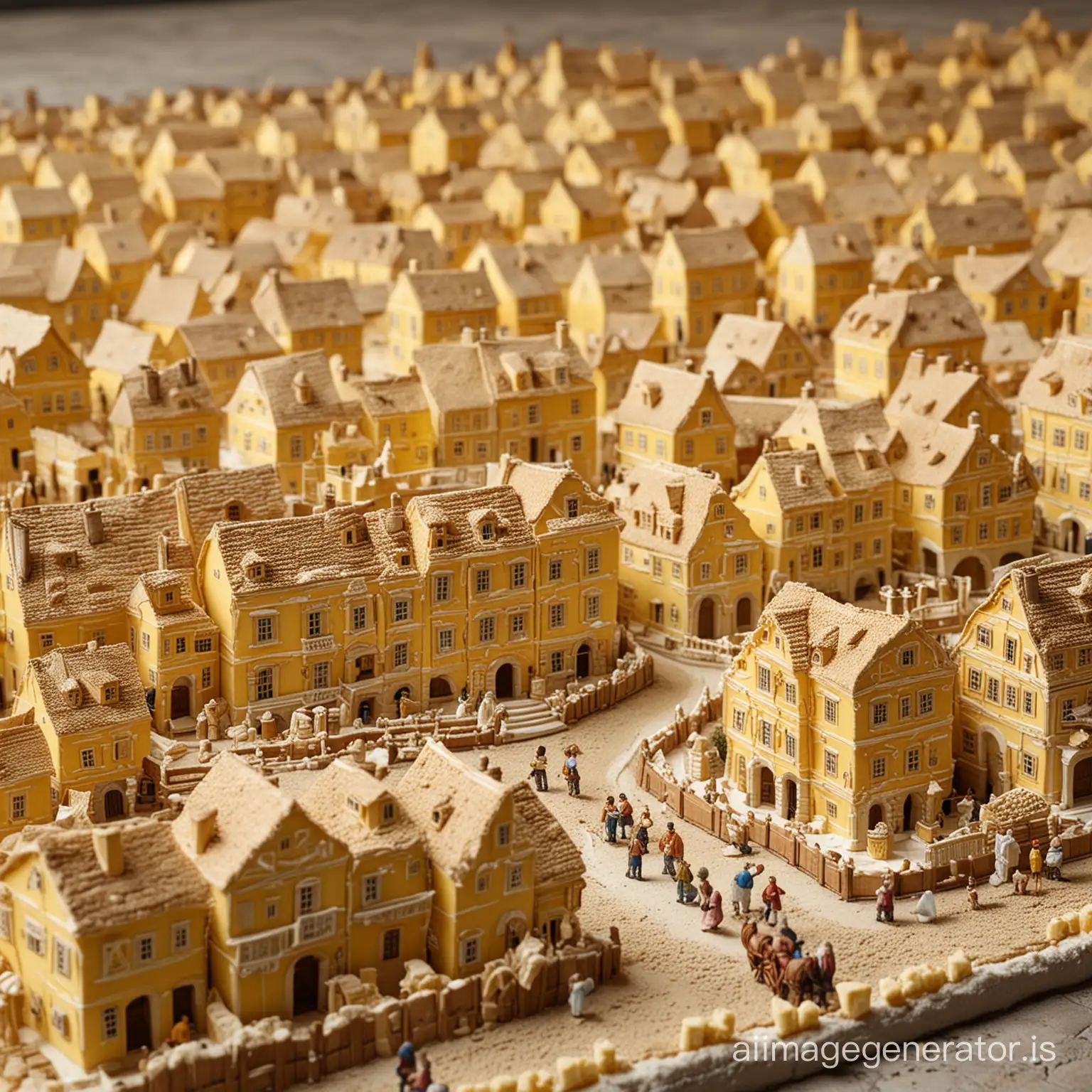 close up of a baroque town  of 1700 made of butter, a normal day , everithing is made of butter