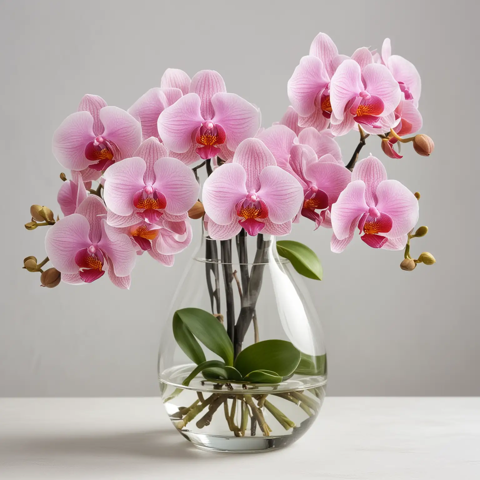 Pink Phalaenopsis Orchids in Glass Vase on White Background