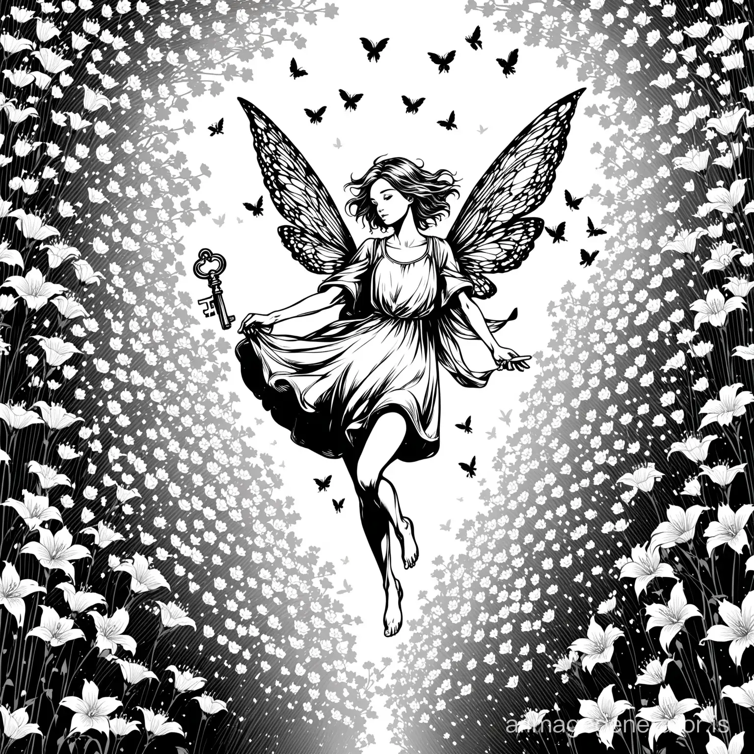Vectorial art, black and white. androgynous faerie flying among bellflowers, carrying a key bigger than she is