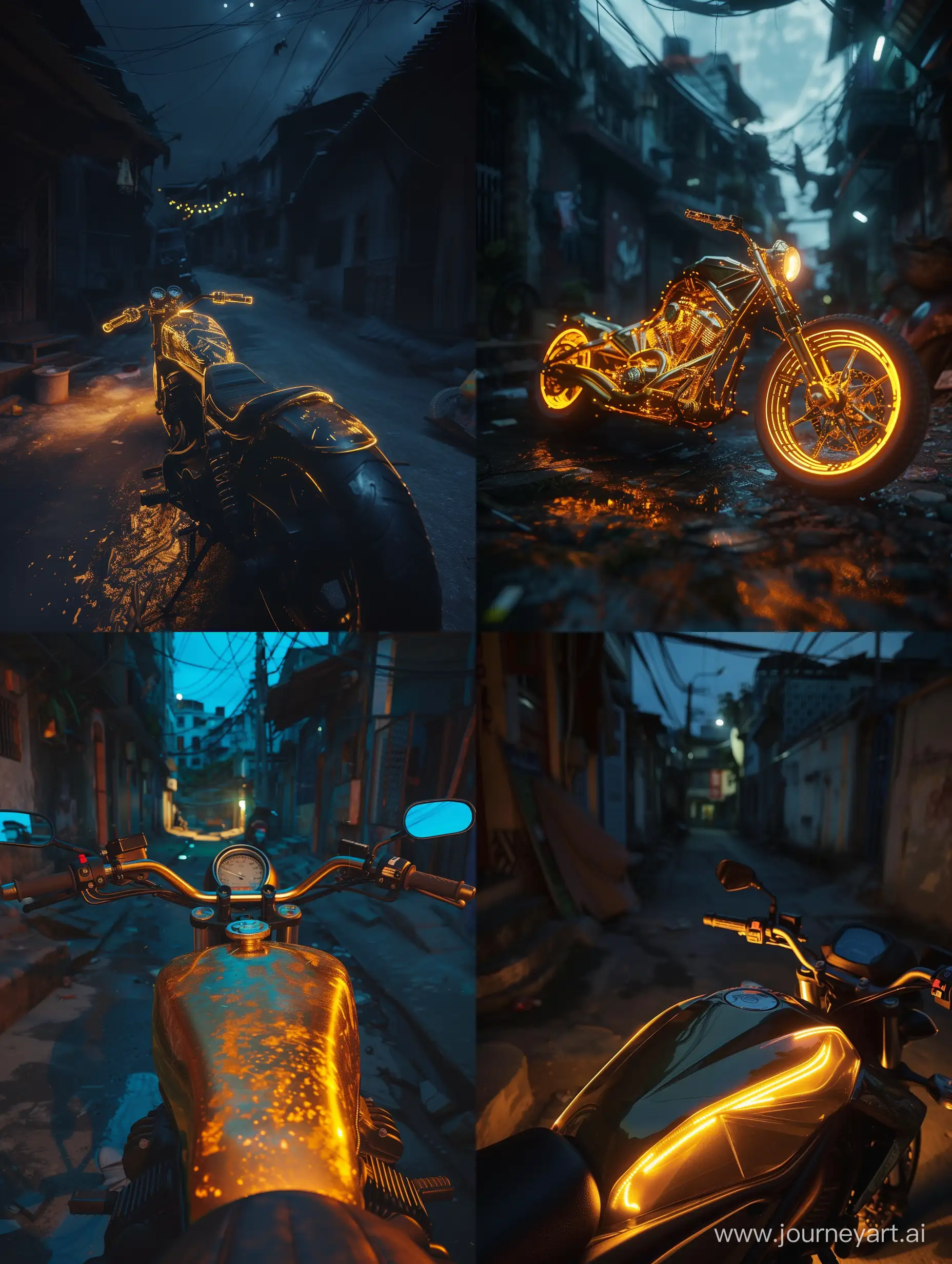 A first-person POV for detailed close-up shot of the motorcycle body glowing slightly golden and at night in an old and poor neighborhood, Emulsion life, moon light, --ar 3:4 --s 100 --c 0 --w 0 --style raw --v 6 