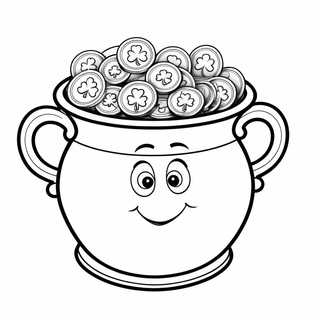 st.patrick's day or gold coin, pot

, Coloring Page, black and white, line art, white background, Simplicity, Ample White Space. The background of the coloring page is plain white to make it easy for young children to color within the lines. The outlines of all the subjects are easy to distinguish, making it simple for kids to color without too much difficulty