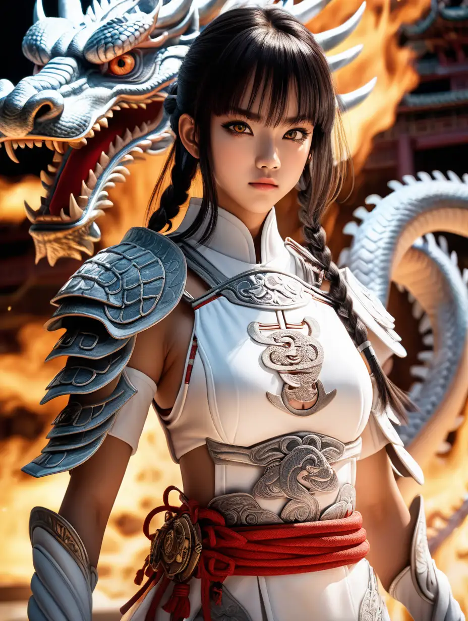 (cinematic lighting), An anime beautiful girl warrior immersed in front of Chinese mystical dragon, Envision her clad in practical yet elegant white warrior attire, Her eyes reflect a mix of determination and vigilance, showcasing her readiness for any challenge that may arise in the heat of fire, Chinese mystical dragon at the background, full body photo, angle from below, intricate details, detailed face, detailed eyes, hyper realistic photography,--v 5, unreal engine