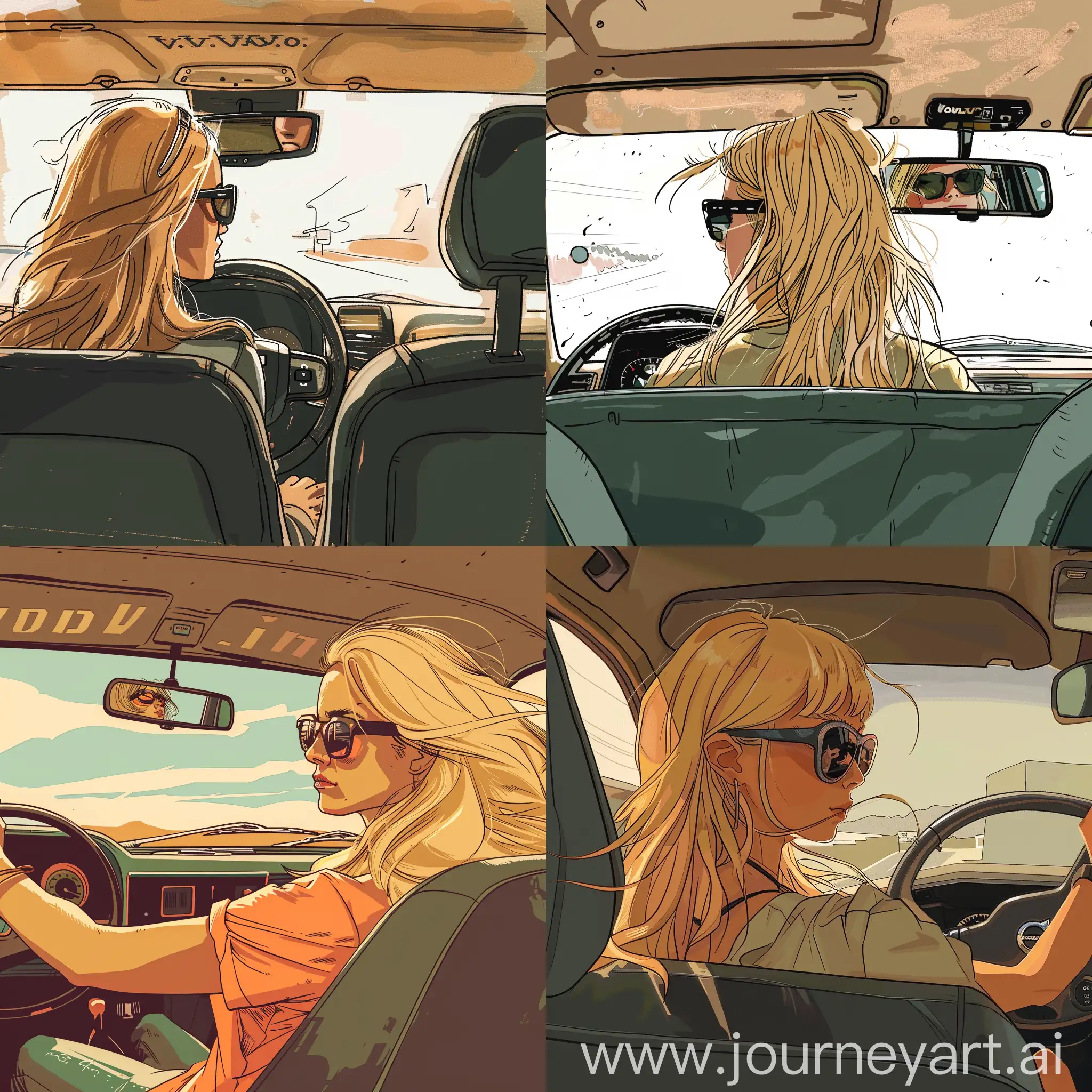 Blond girl driving a volvo.
The girl uses sun glas. Draw the view from back seat of the car