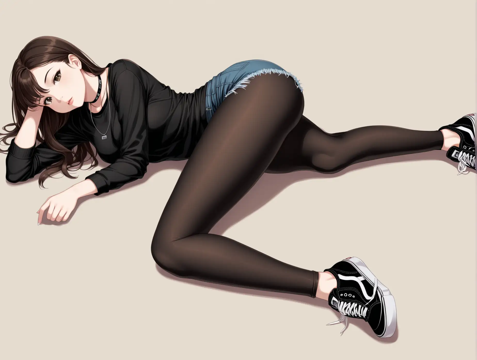 Image: Sensual girl.  
Feature: lying faced down, full body view. 
Body: brunette, tall high, curvy hips, small breasts. Wears on: Shirt, black pantyhose, Vans Eras sneakers, jorts, choker necklace.