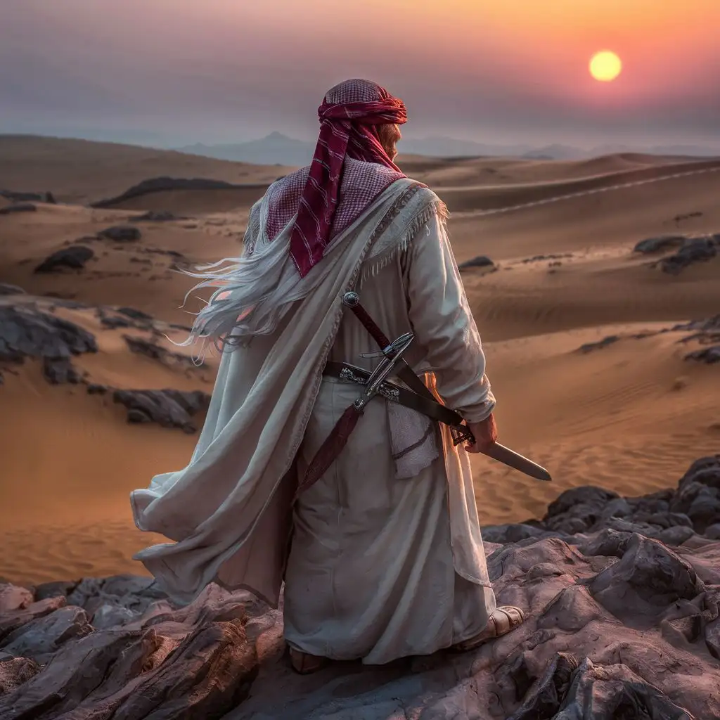 the back of man wearing an old arab knight clothes, from a wide angle 

