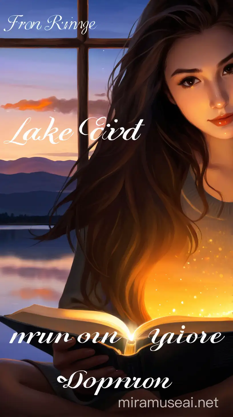 A teenage girl with brown hair, wearing a gray sweater, sits by the window. In her hands she held an open book, from which poured an unforgettable soft light, illuminating her face. From the window you can see the night landscape: Twilight over the lake, reflection of light in the water on the horizon. The lights of a distant city are reflected in the dark water of the lake. in the style of semi-realistic brushwork in warm dark colors no text