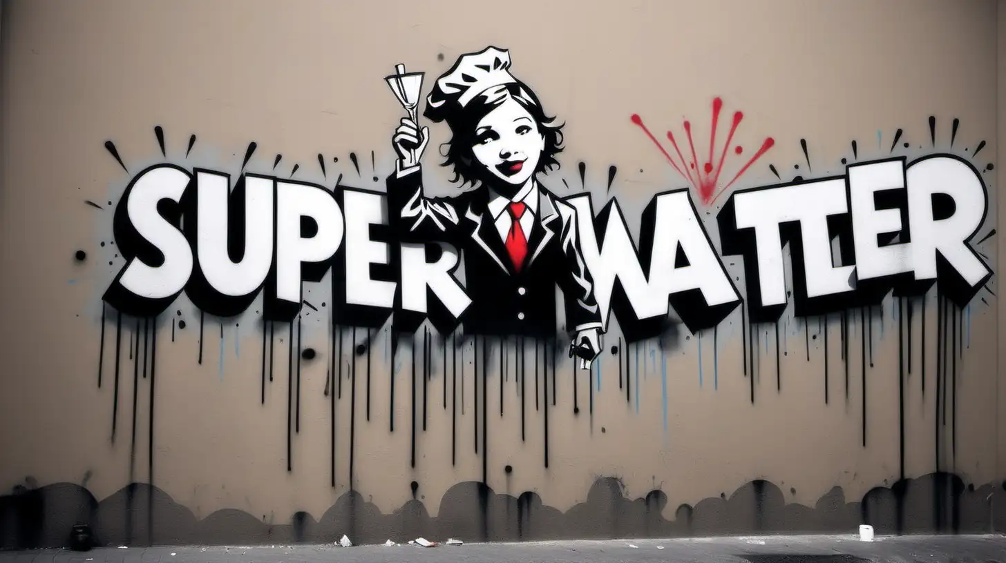 Urban Street Art BanksyInspired Graffiti Mural with Spanish Phrase Super Waiter