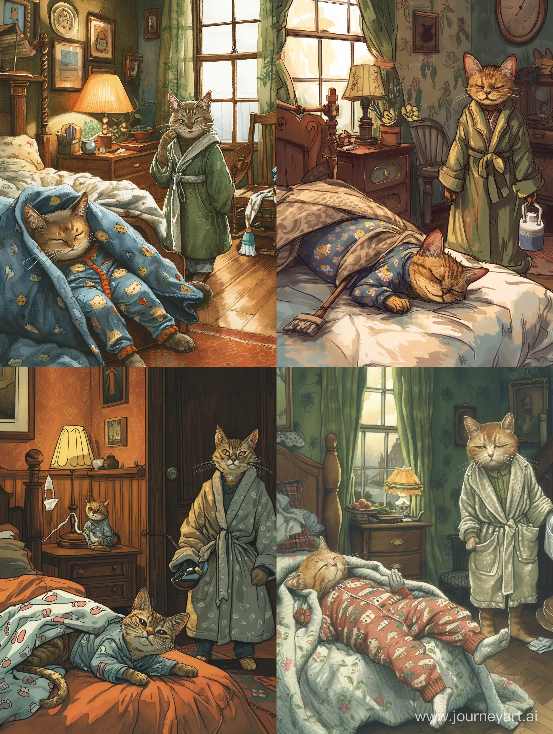 房间里，一只猫咪穿着睡衣盖着被子躺在床上，一副睡不醒的样子，另一只猫咪穿着围群打扫卫生