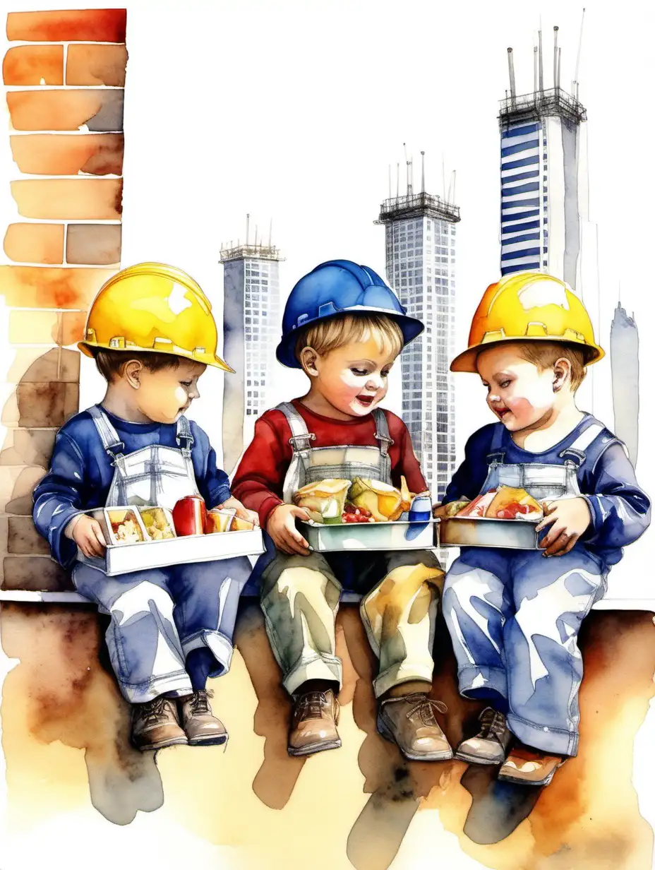 Adorable little boys, dressed as builders sitting in a row eating lunch out of lunchbox, in style of ‘lunch atop a skyscraper’, watercolour