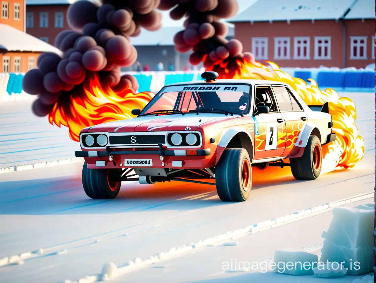 A Russian drift car rides sideways on an ice track, fire escapes from under its wheels