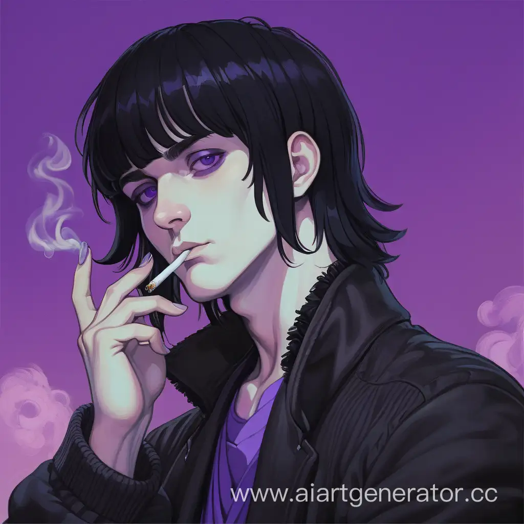 Languid-Man-with-Long-Black-Hair-Smoking-a-PurplePupiled-Cigarette