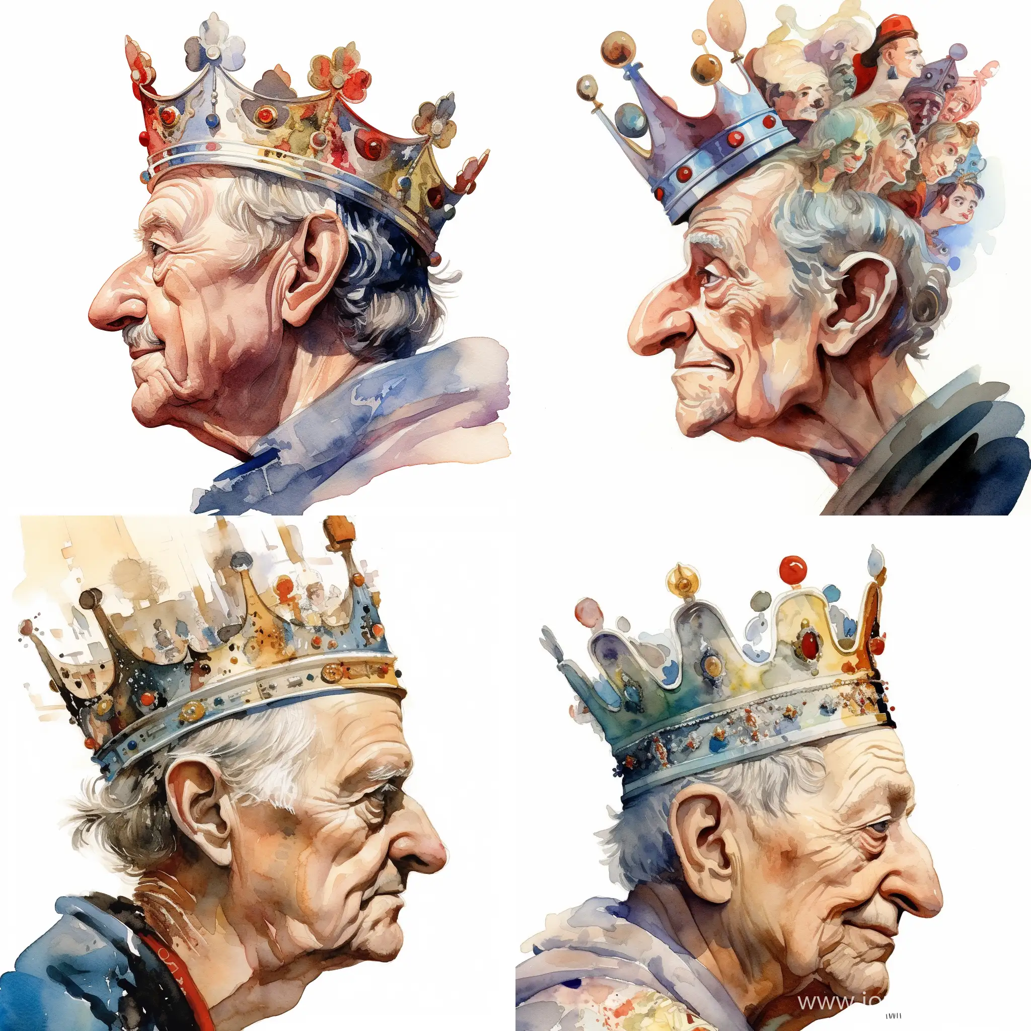 Pierre Richard, elderly, in profile, with a crown on his head, against the background of characters from films, in detail, on a white background, caricature, watercolor, in detail, impressionist style