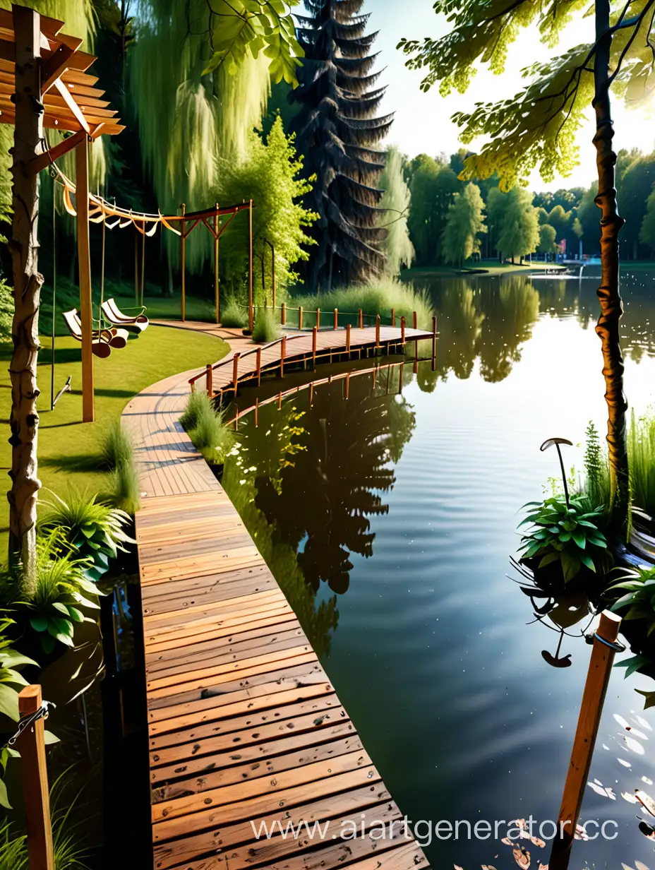 набережная в лесу у озера , водный путь с деревянными настилами перголами качелями 

