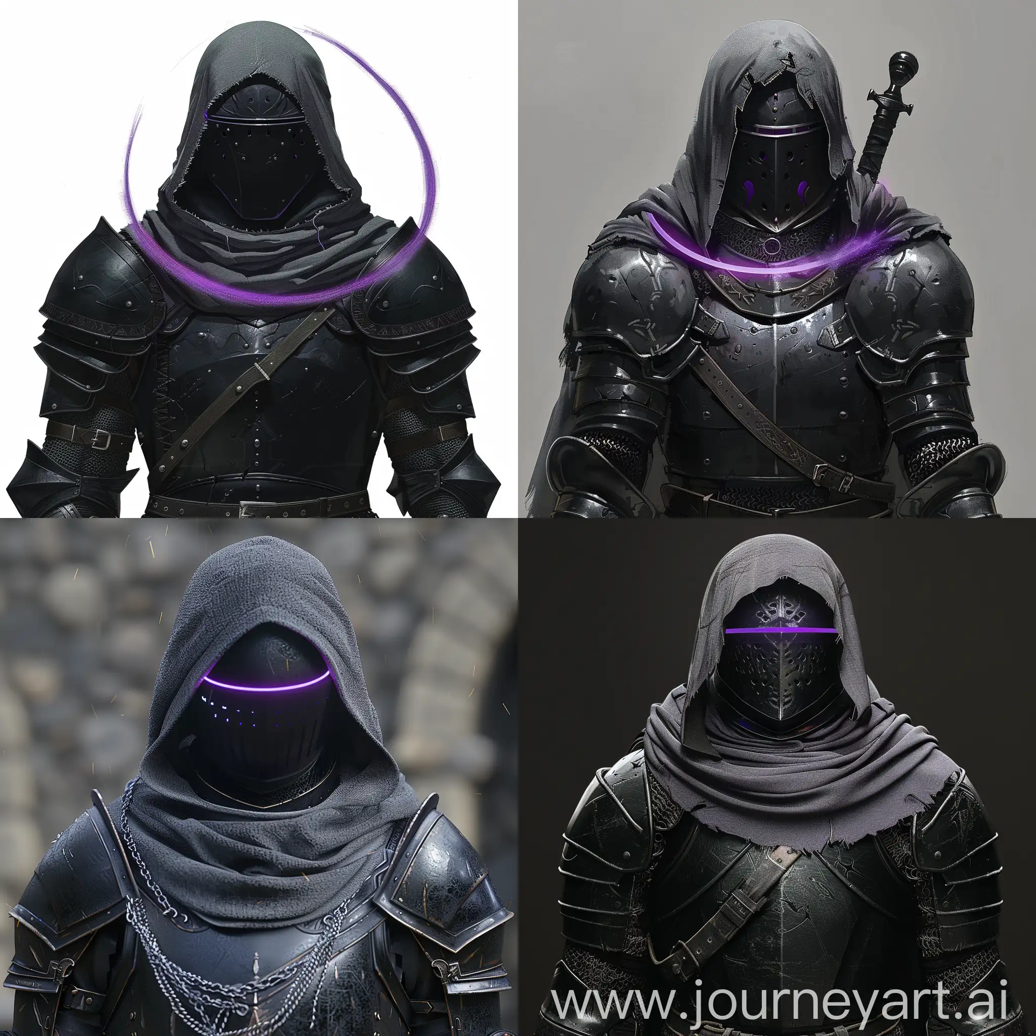 armored knight, black armor, black helmet, purple esense around head, gray hood