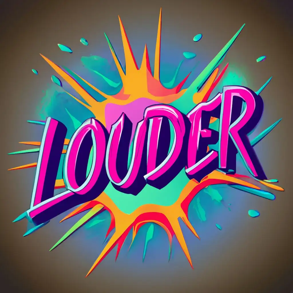 logo, Some cool symbol with fortnite colours, with the text "LOUDER", typography