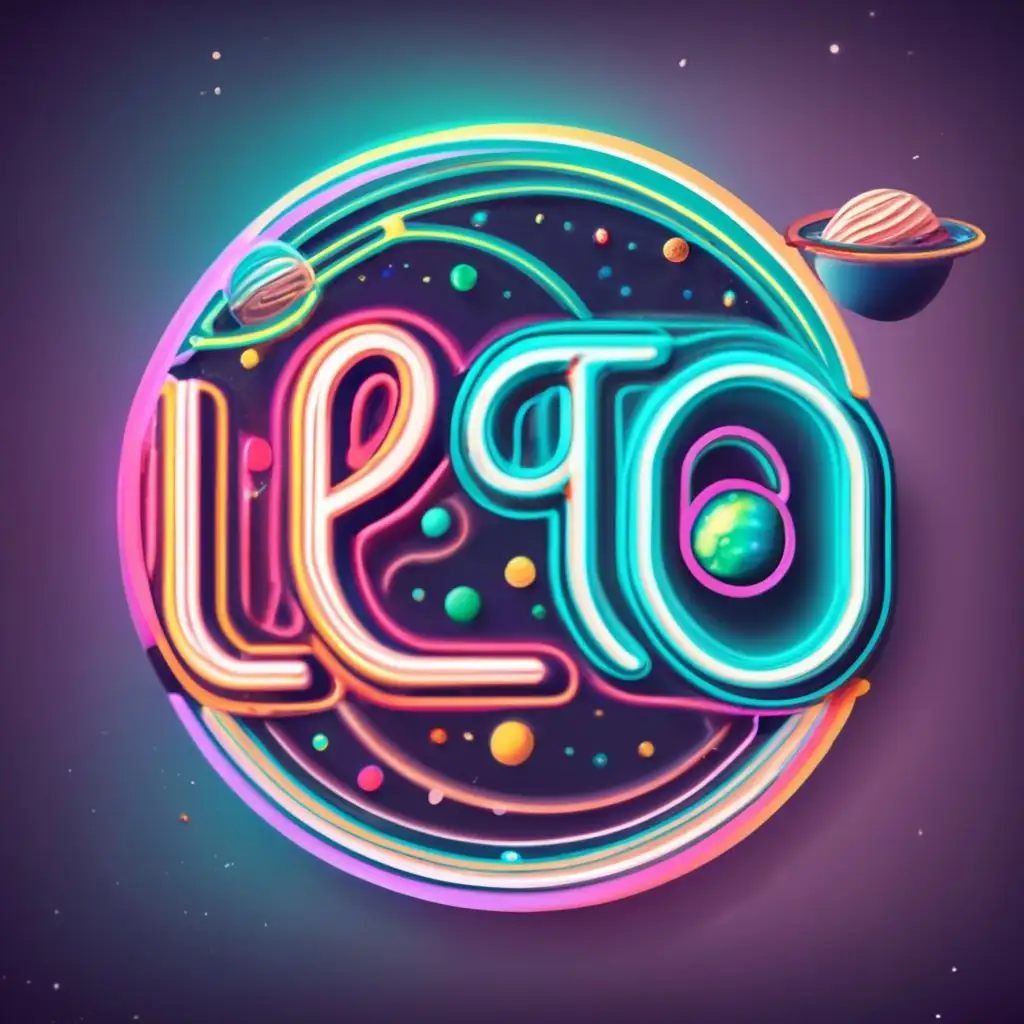 logo, "Leto" word in space in neon retro style behind the planets, with the text "Leto", typography, be used in Entertainment industry