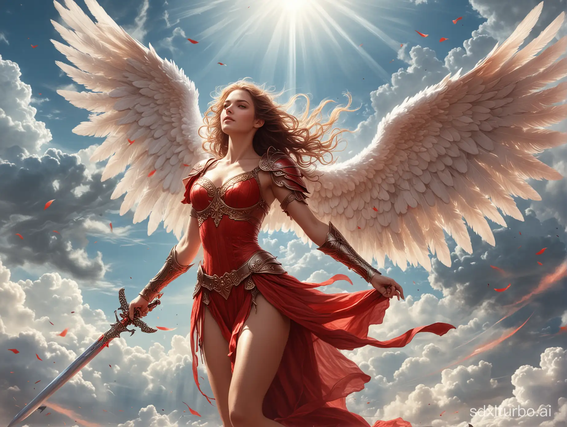 beautiful angel in the sky with a beautiful sword fighting another red angel