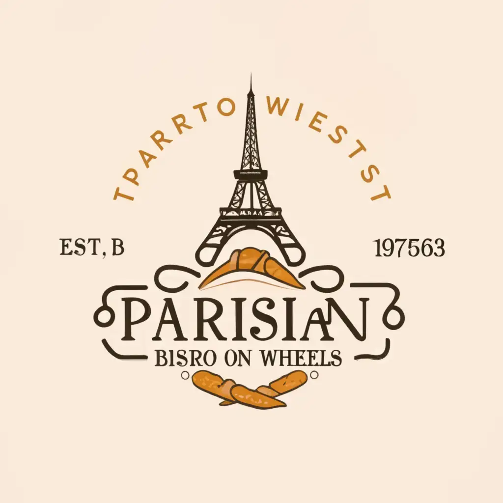 a logo design,with the text "Parisian Bistro on Wheels!", main symbol:Baguette with Eiffel tower.,Moderate,clear background