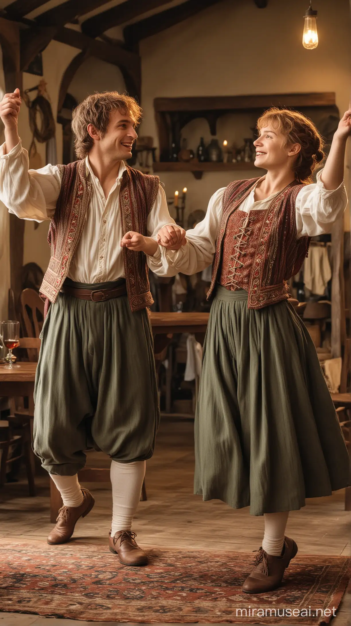 Merry and Pippin, the Hobbits, dressed in Romanian Traditional Clothes, dancing on the tables