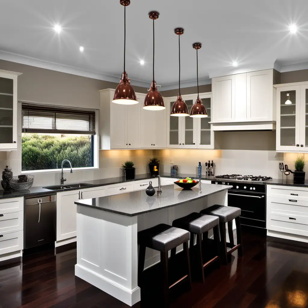 kitchen with off-white shaker style cabinets and grey granite benchtops, three pendant lights (https://www.beaconlighting.com.au/alfred-1-light-pendant-in-oil-rubbed-bronze) over kitchen island, dark wooden floorboards (https://www.flooringworks.com.au/products/6mm-hybrid-flooring-jarrah?variant=42207830868140