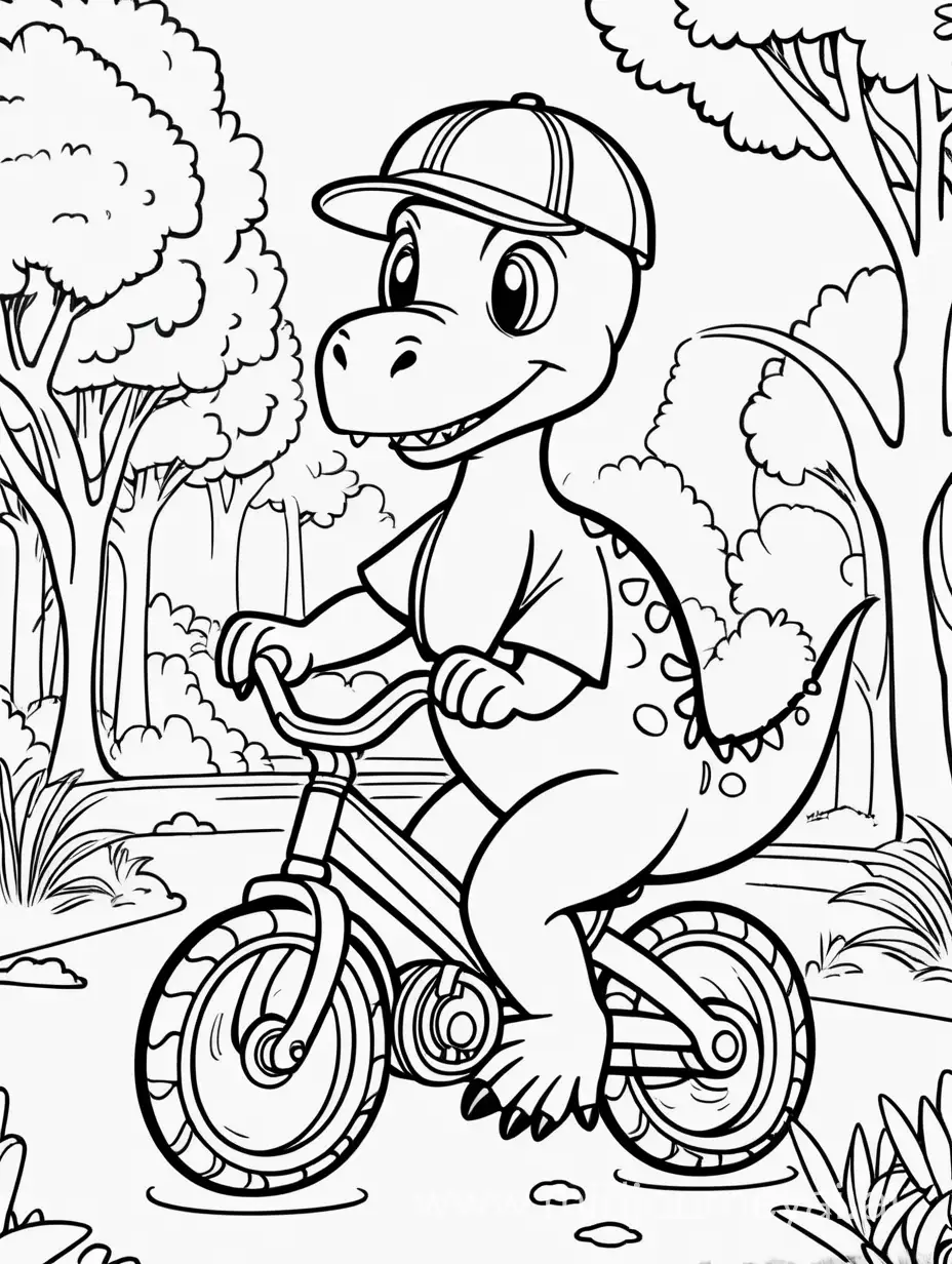 A cute and focus  dinosaur, riding a bike in a park, with a blank cap, blank tee-shirt, kids coloring page, no shading, no color