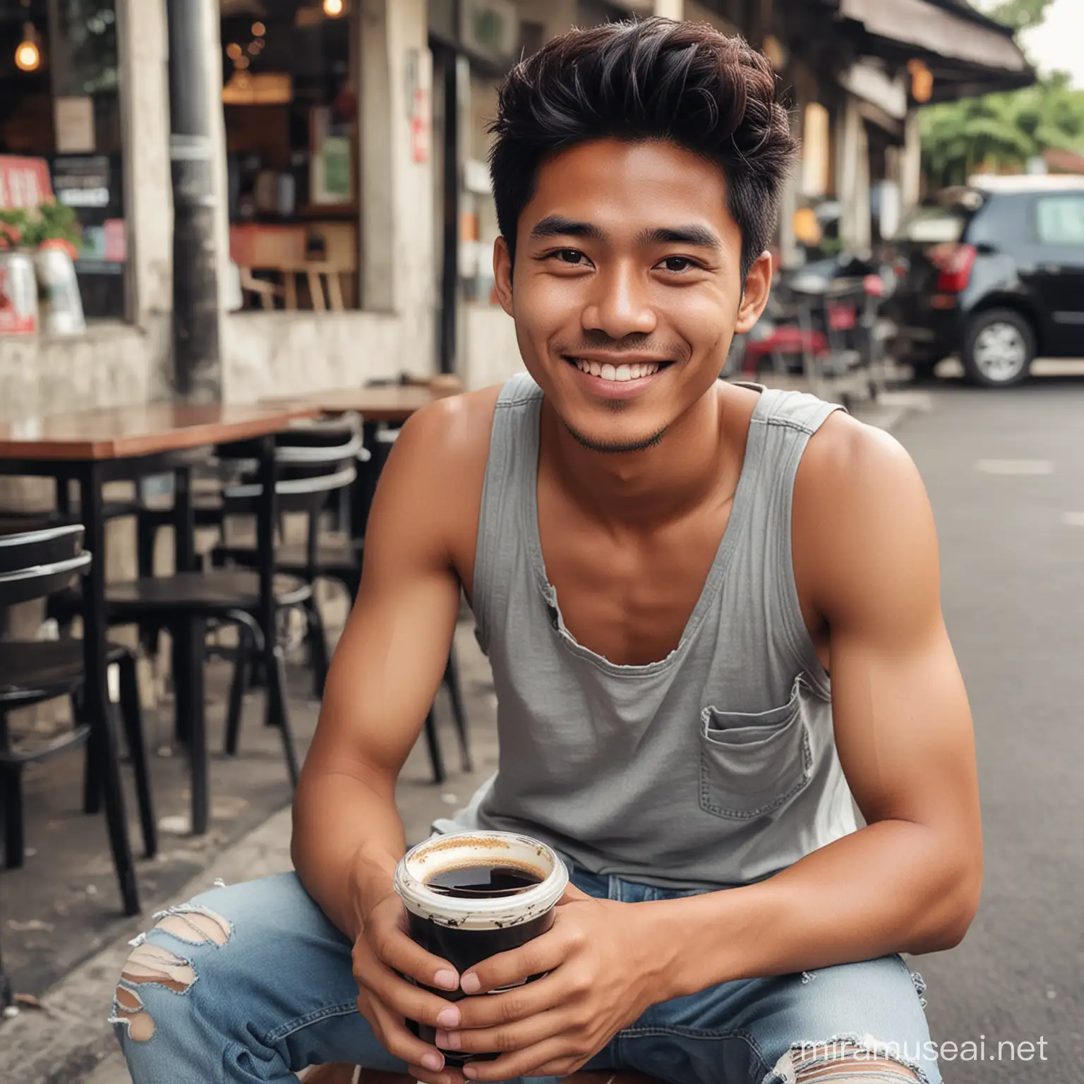 Foto pria indonesia umur 25 tahun,rambut undercute,mengenakan kaos tanpa lengan,dengan celana jeans robek,dengan tangan memegang segelas kopi hitam panas,duduk santai di kedai kopi pinggir jalan,efek wajah tersenyum