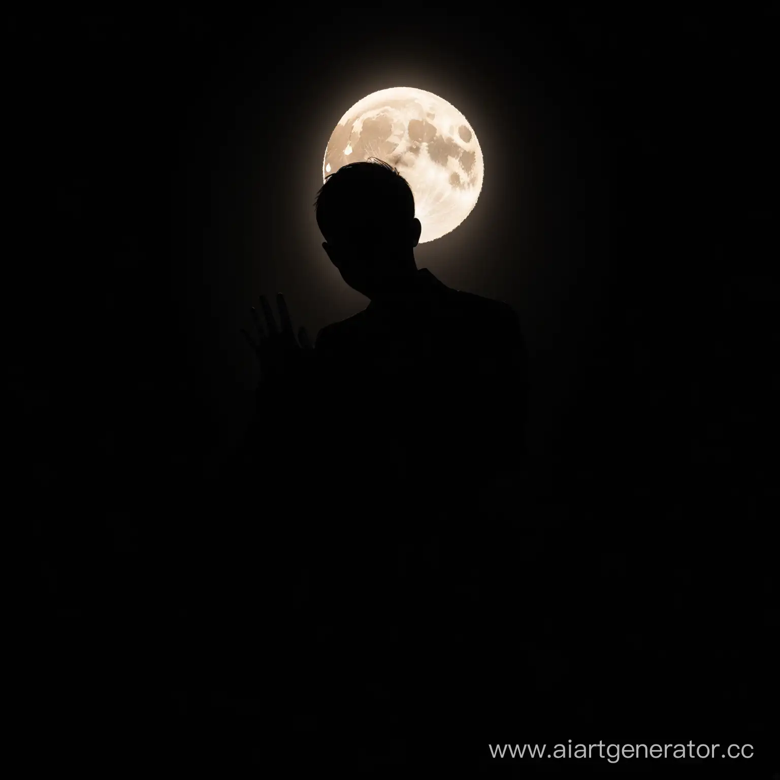 The face in shadow of picture looking proudly and squeezing a palm, symbolizing collection authority.  It's the face of very dark person. The light source of whole picture, making face visible, is the moon behind that silhouette, taking up most of the picture.