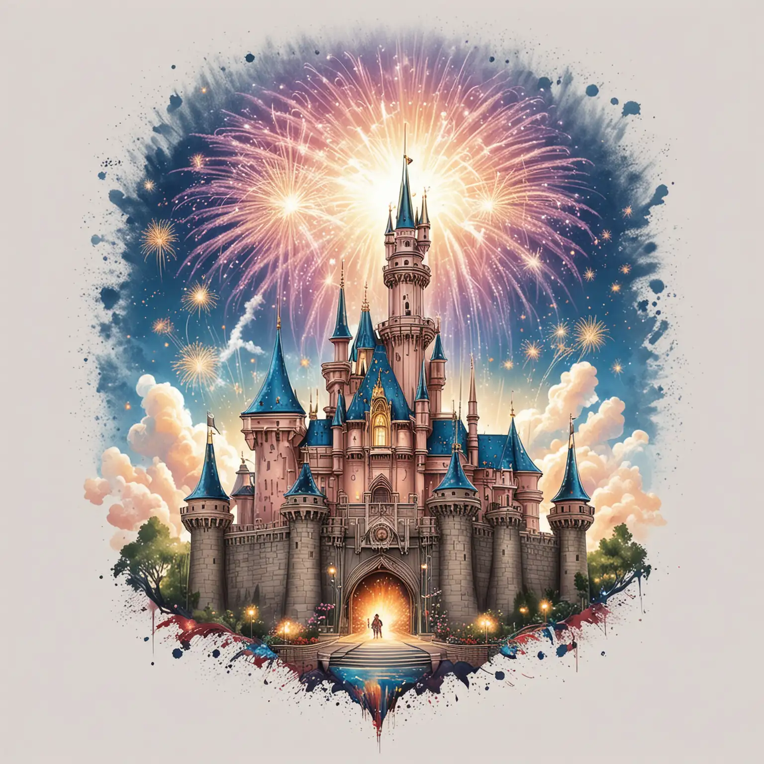Design a t-shirt transfer, Illustration of Sleeping Beauty Castle at Disneyland Anaheim, large fireworks explosions, white background