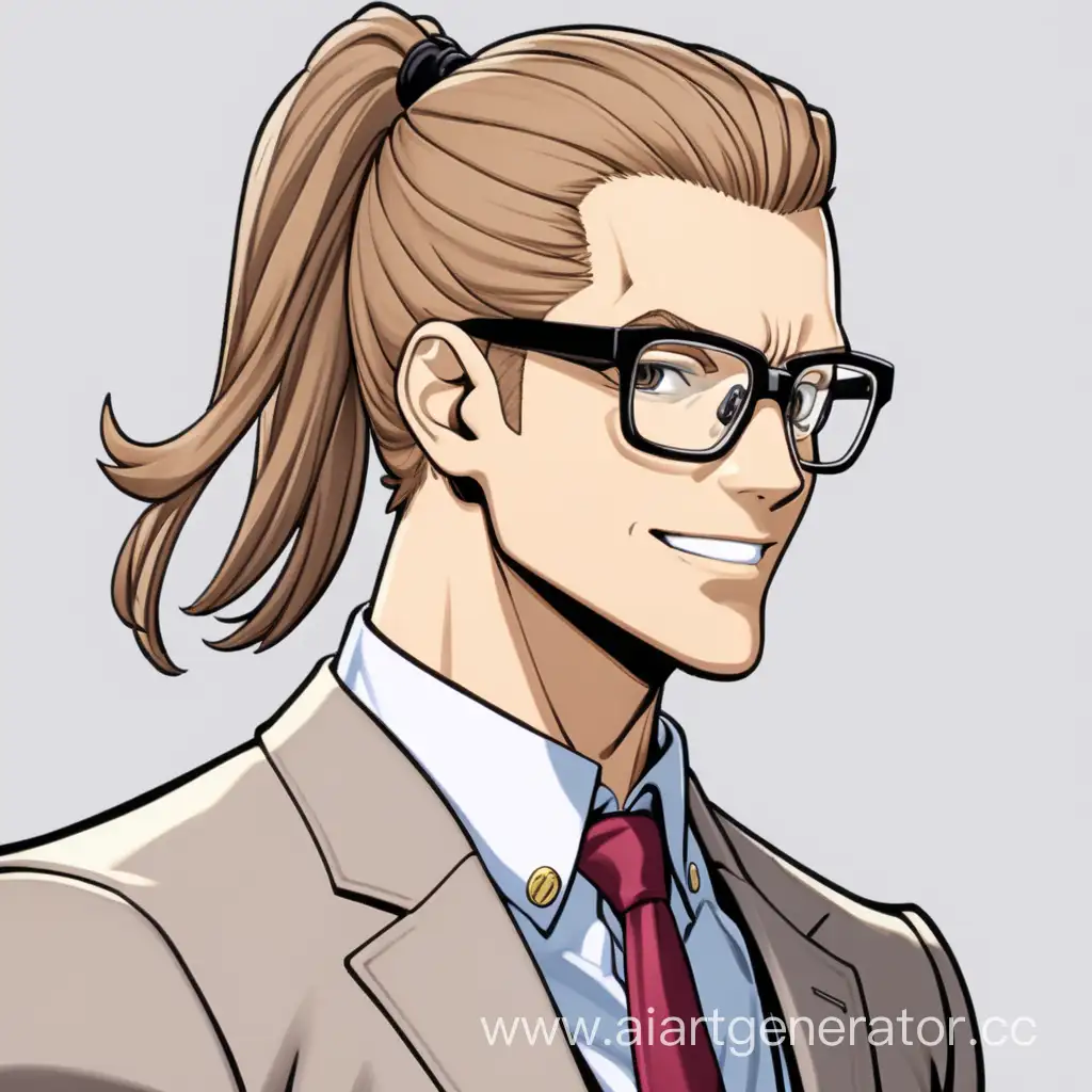 Present Mic a male character with a cheerful disposition. He is very popular with female fans. He has light brown hair pulled back in a ponytail and wears glasses with rectangular lenses. He has a muscular build that accentuates his suit.