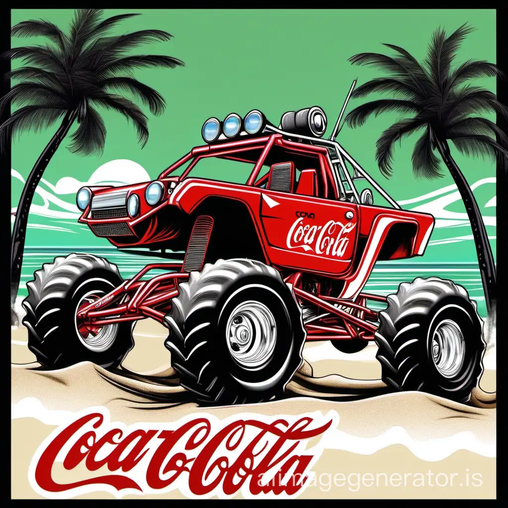 dune buggy, big wheels, coca cola, monster truck, on the beach with palms