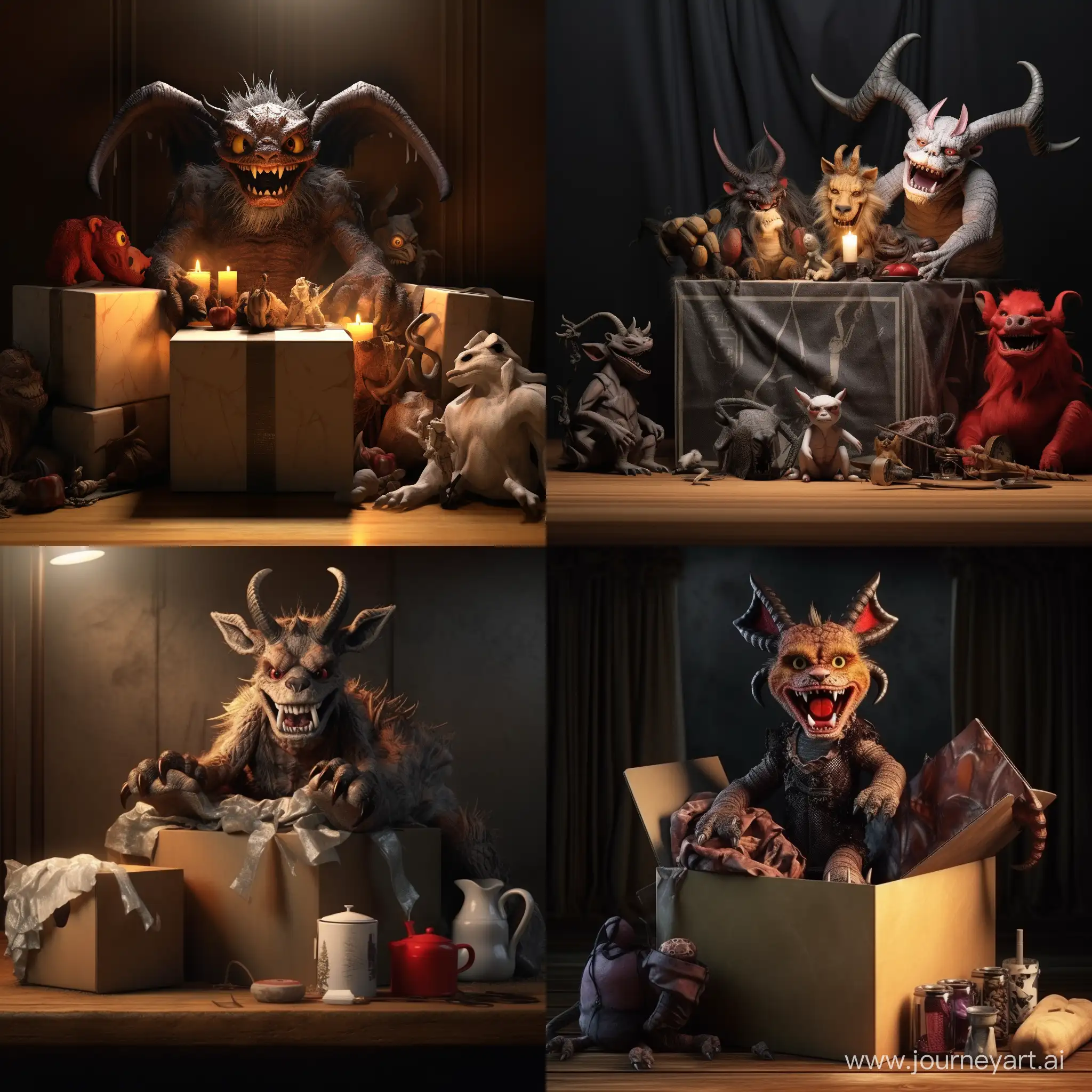 box wrapped with tape, standing on the table, from the box you can see the devil's toy (heels, sharp teeth, grin, horns, black wool ), there are stuffed animals around the box, , warm lighting, hyperrealism, 8K image quality, ultra detail, Highly detailed fine details
