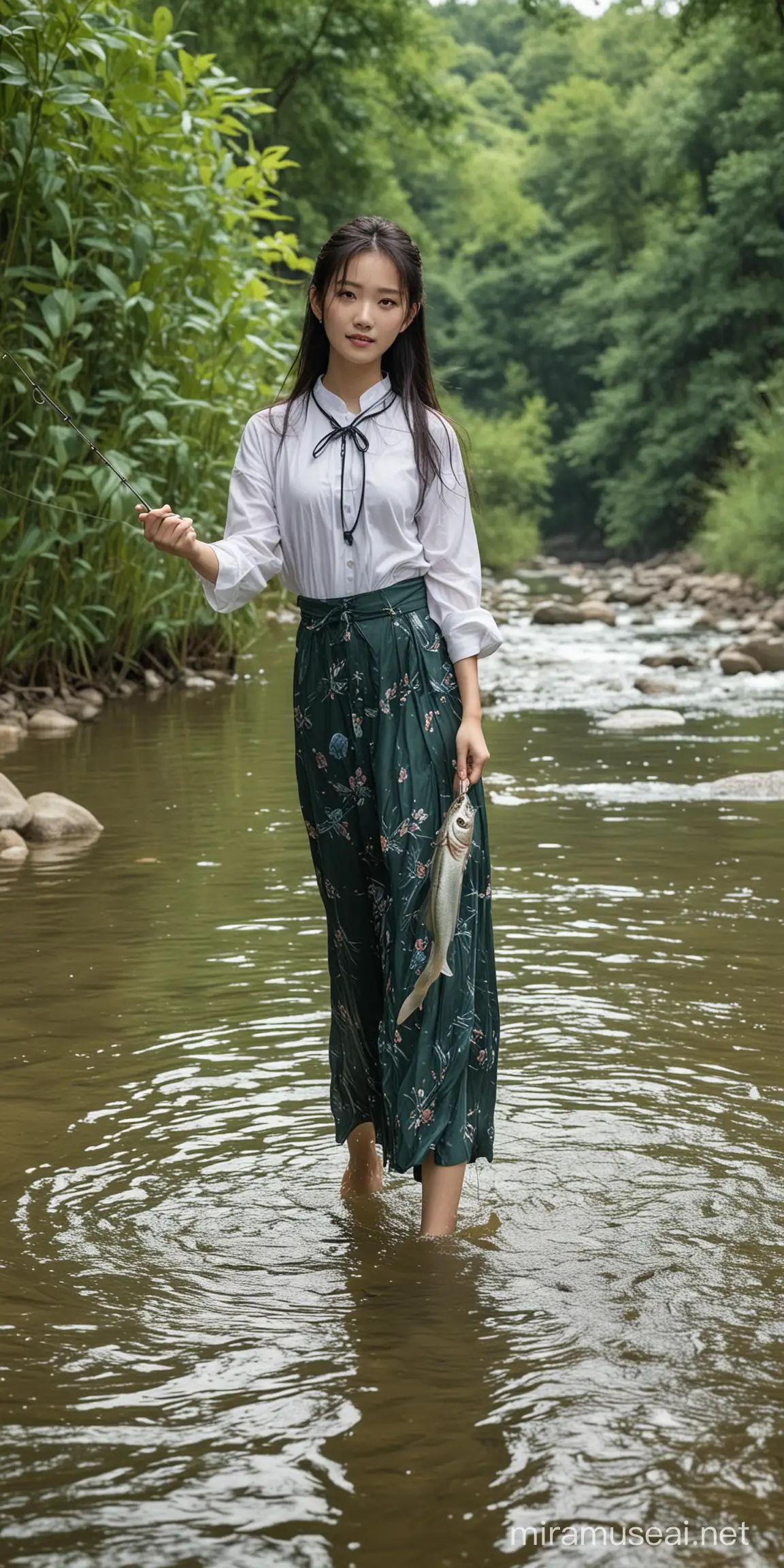 16岁中国美女，在小溪里抓鱼，周围环境优美。