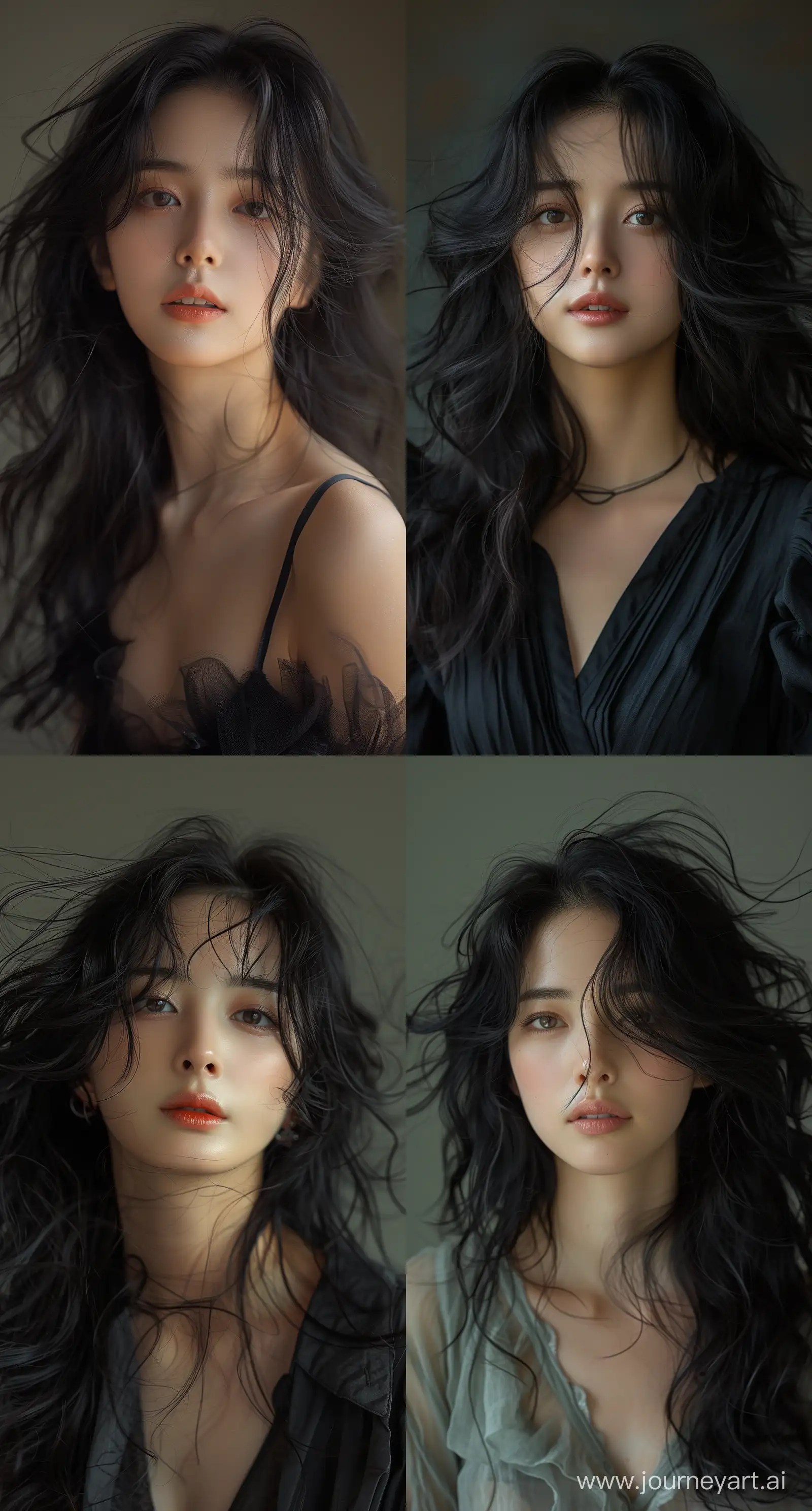 a woman with flowing, black hair is posing, in the style of dain yoon, soft edges and blurred details, captures raw emotions, multilayered, soft edges, wavy, distinct facial features --ar 69:128 --stylize 750 --v 6