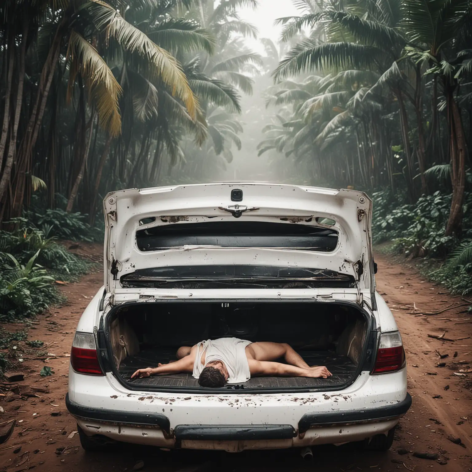 ambiance glauque tropical. coffre ouvert de voiture blanche, avec un corps d'homme allongé dedans 