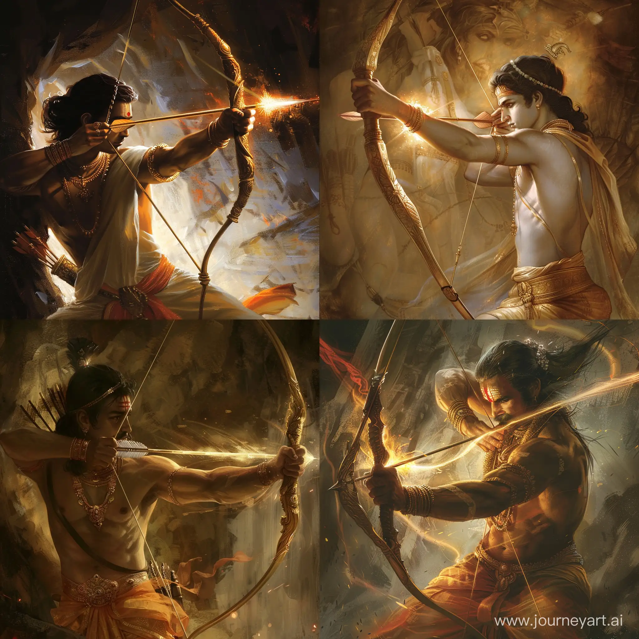 Lord Rama holds a magnificent bow, its craftsmanship reflecting the divine power it holds. With unwavering focus and a tranquil expression, he pulls the bowstring, guiding an arrow that seems to glow with a celestial light.