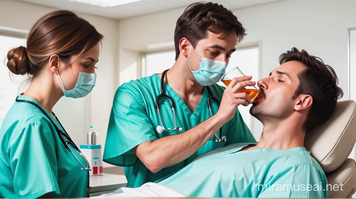 Hospital Staff Checking Mans Drink with Smell for Medical Assessment