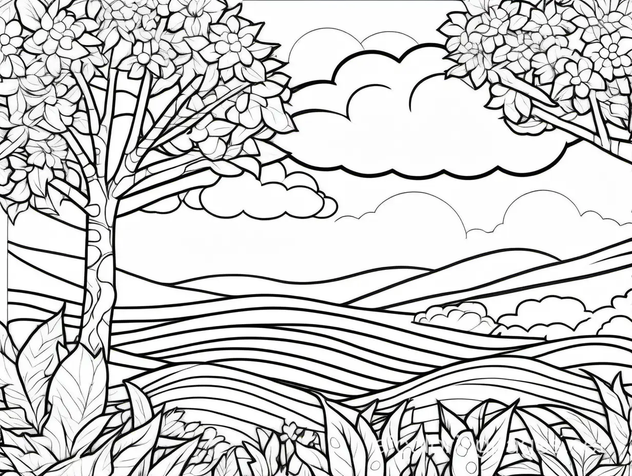 summer activity and sky cloud field in the tree and floral coloring page
black and white, Coloring Page, black and white, line art, white background, Simplicity, Ample White Space. The background of the coloring page is plain white to make it easy for young children to color within the lines. The outlines of all the subjects are easy to distinguish, making it simple for kids to color without too much difficulty