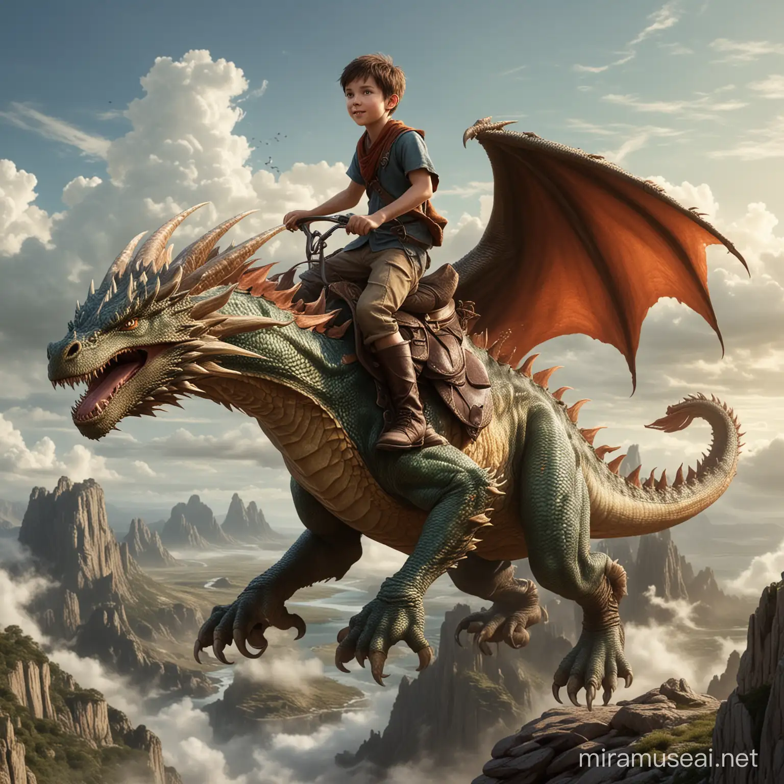 Adventurous Boy Riding a Majestic Dragon in Realistic Style