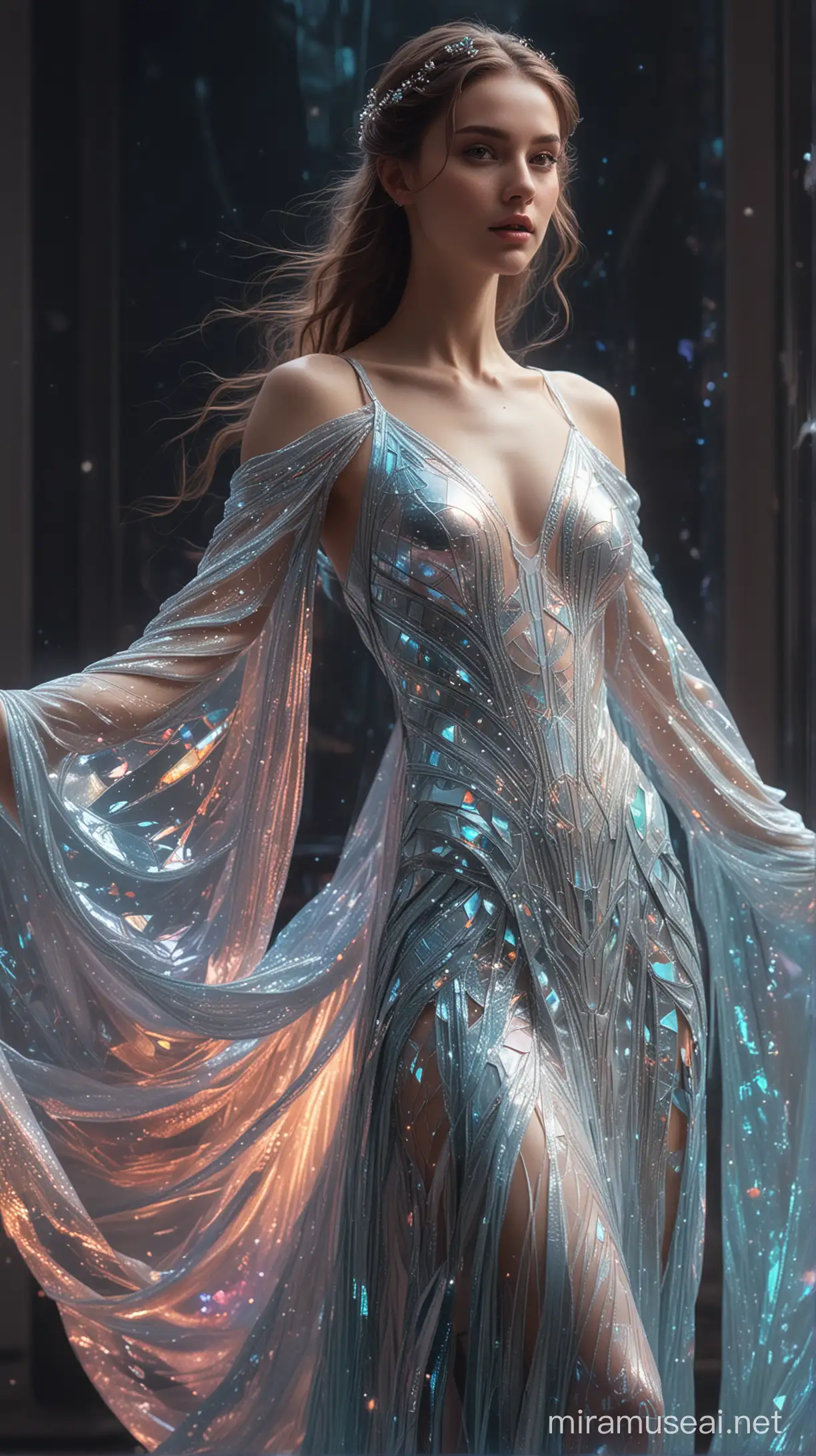 Ethereal Holographic Gown Futuristic Digital Painting of Translucent Beauty