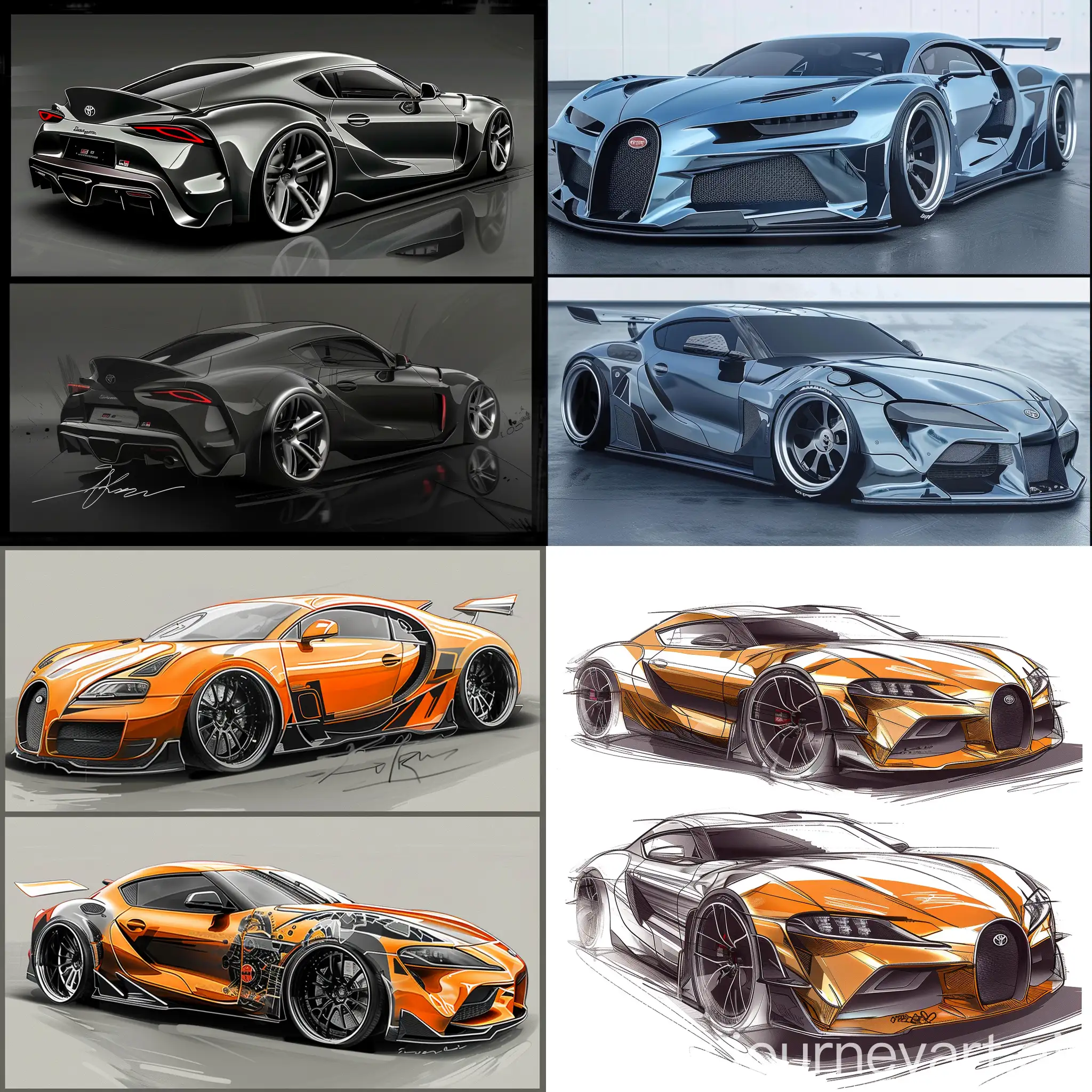 A concept design of a car, combining elements of a Bugatti Veyron and a Toyota Supra Mk4.