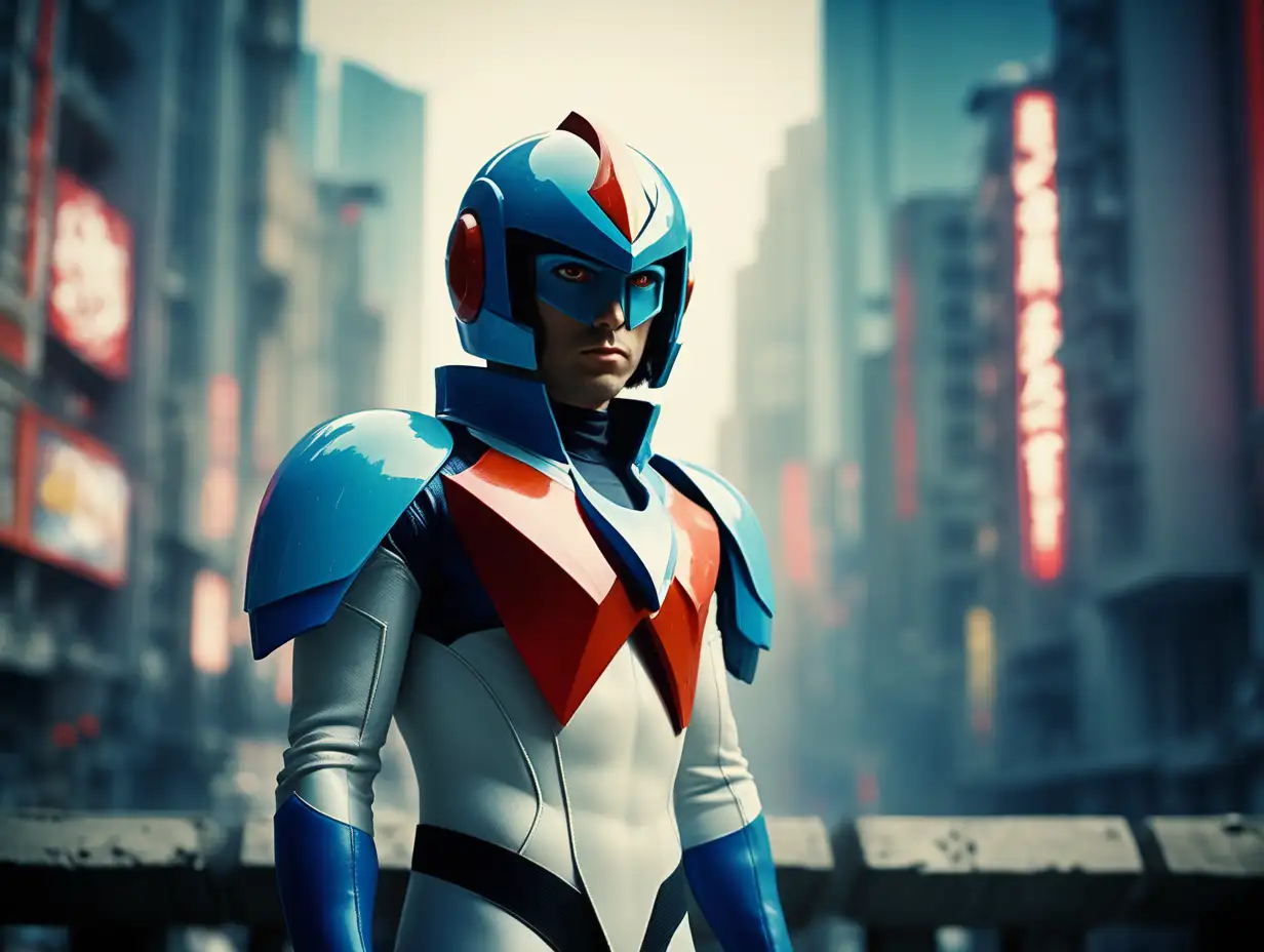 cinematic film still, Gatchaman.  battle of the planets. g-force, science ninja team, male, dystopian city ruins, shallow depth of field, vignette, highly detailed, high budget hollywood movie, bokeh, cinemascope, moody, epic, gorgeous, film grain