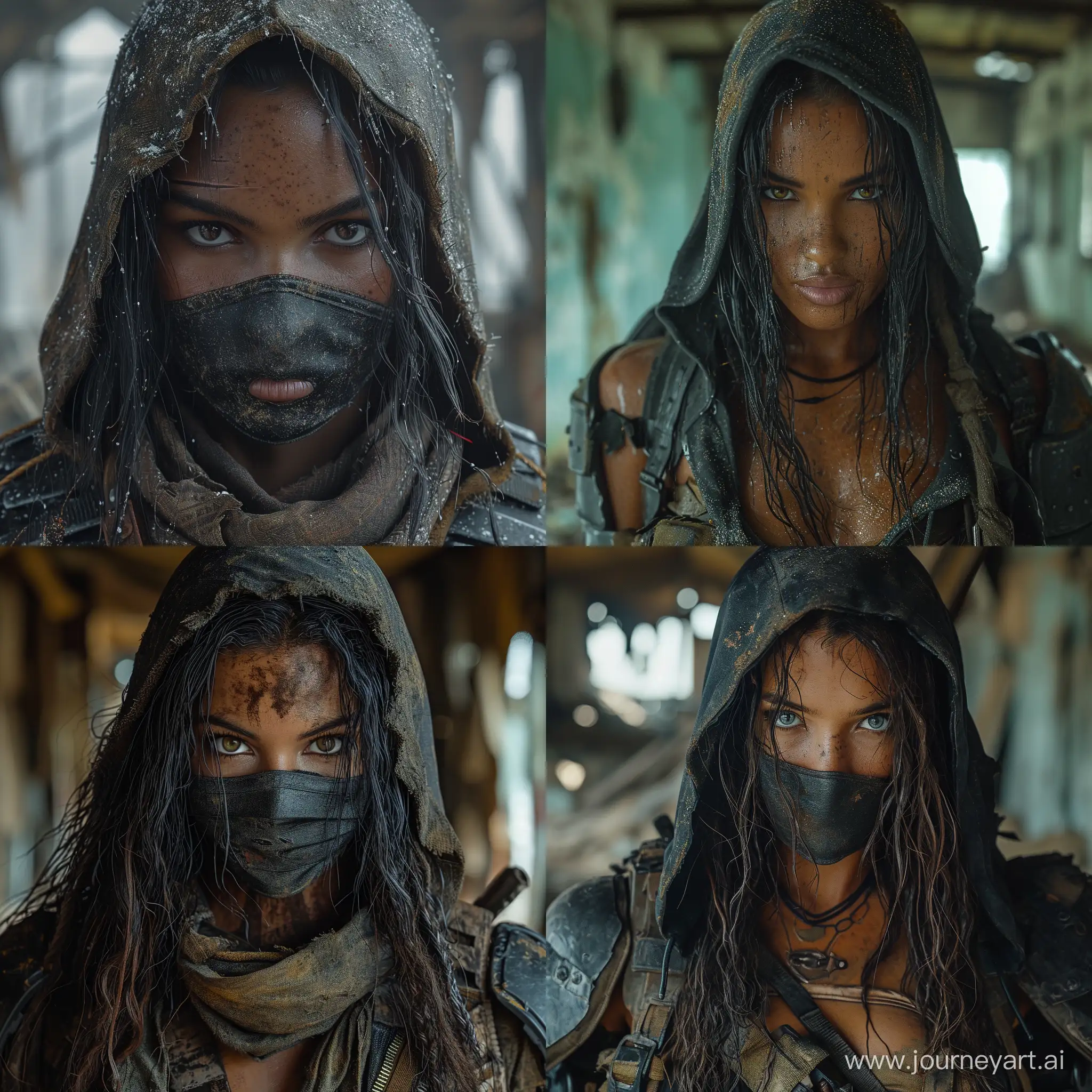 realistic beautiful mulatto dirty skin female Sheva Alomar as mercenary in black platecarrier black facemask hoodie dark abandoned room --s 999 --style raw --v 6