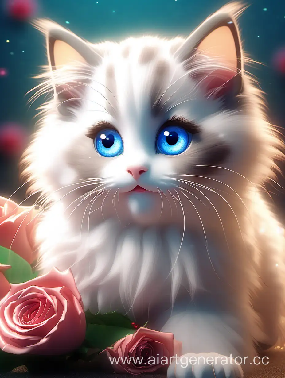 smile, charming fluffy ragdoll kitten with big blue eyes,smiling, standing and holding a bouquet of Dutch roses, holiday, birthday, garlands, illustration, Disney animation, 4k, 8k, cutie, Miki Asai, hyperdetalization, trends on artstation, clear focus, studio photography, complex details, high detail, Greg Rutkowski