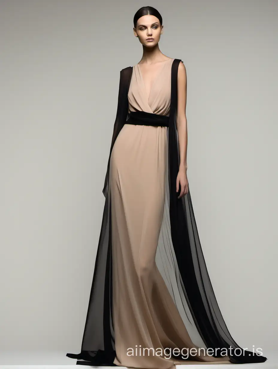 elegant dress made of a thin transparent black draped veil under which you can see a long beige silk slip